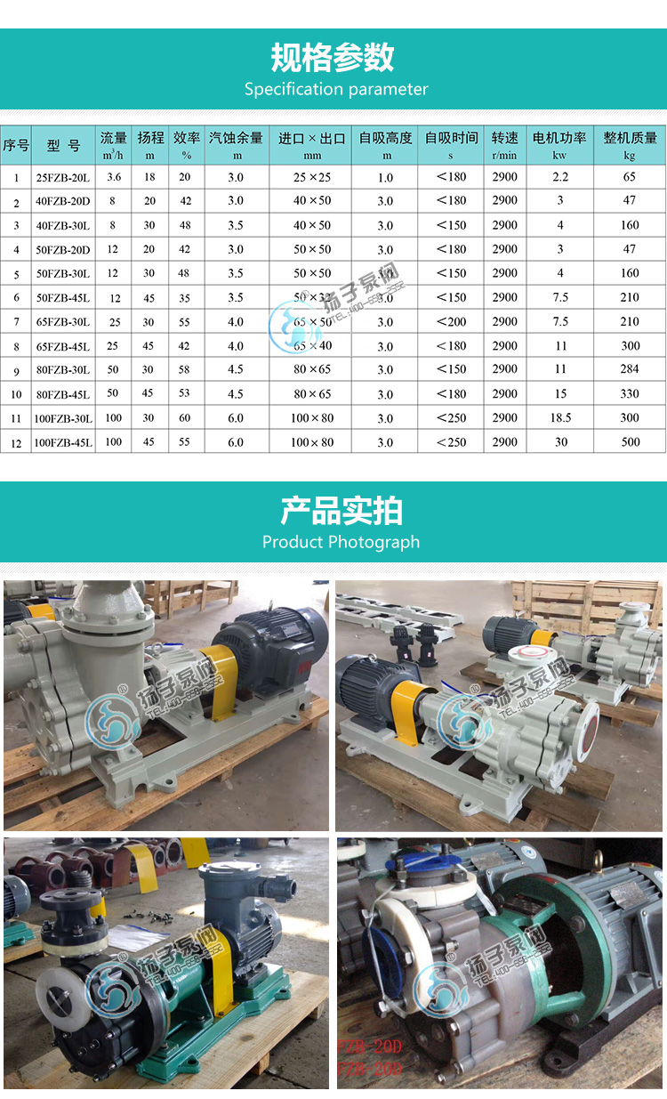 FZB氟塑料自吸泵性能參數說明
